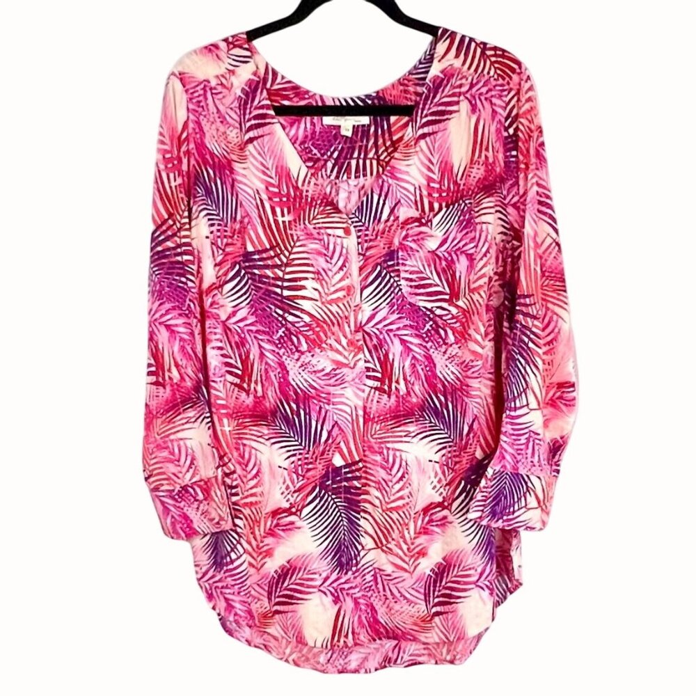 Palm Print Blouse Size 1X by Dear Grace Pink Purple Tropical 3/4 Sleeves VGUC